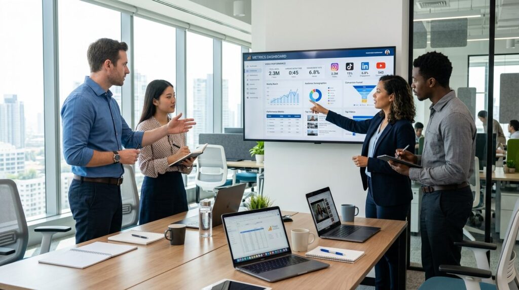 Digital marketing team in modern office analyzing social med