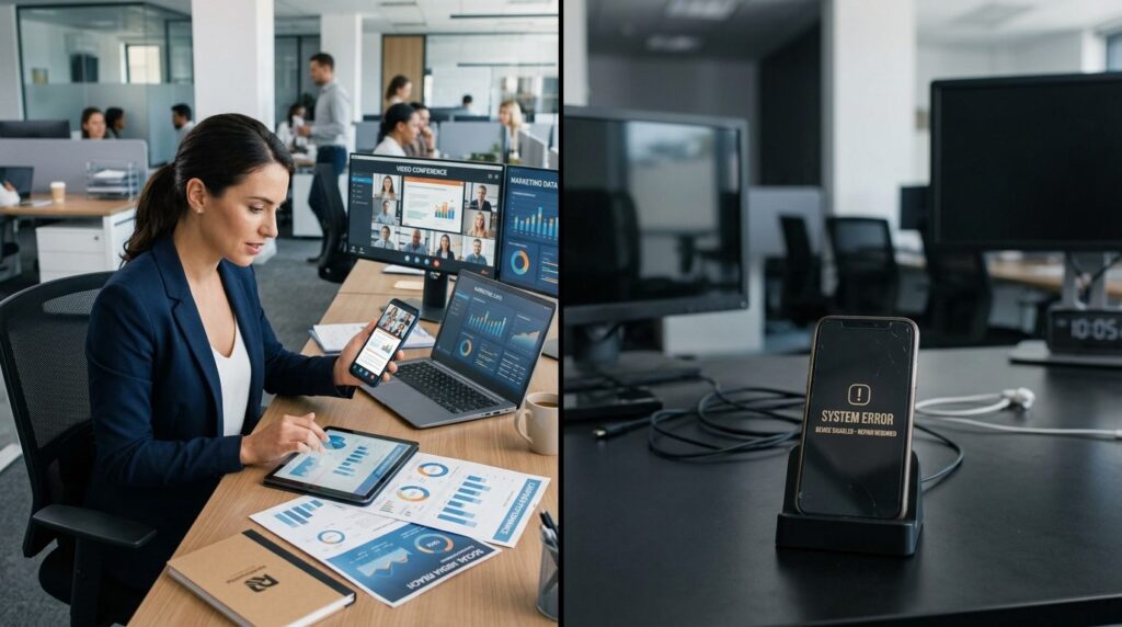 Split-screen concept visualization: left side shows a profes